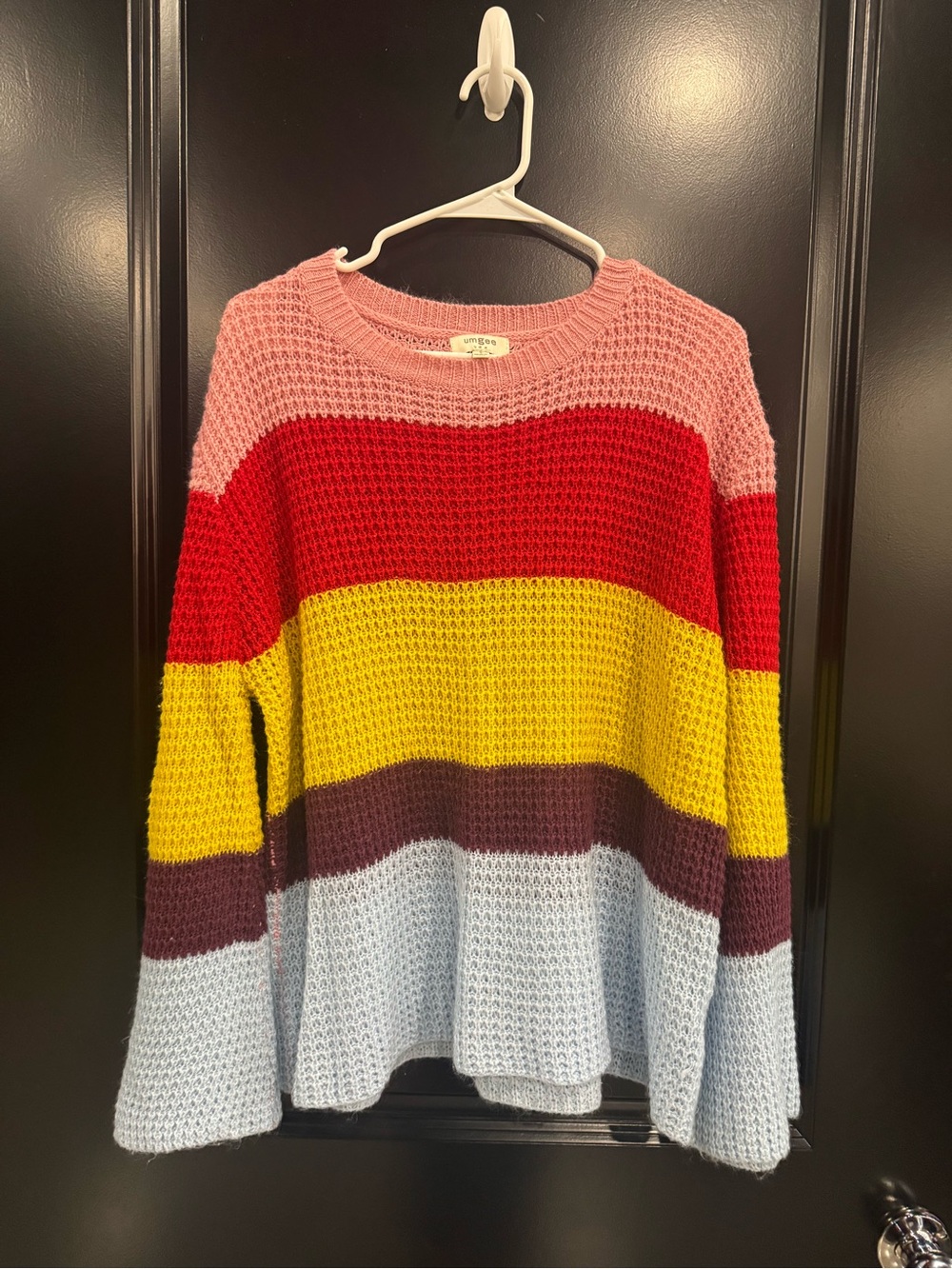 Umgee Striped Crewneck Sweater in Pink, Red, Yellow, Burgundy & Light Blue